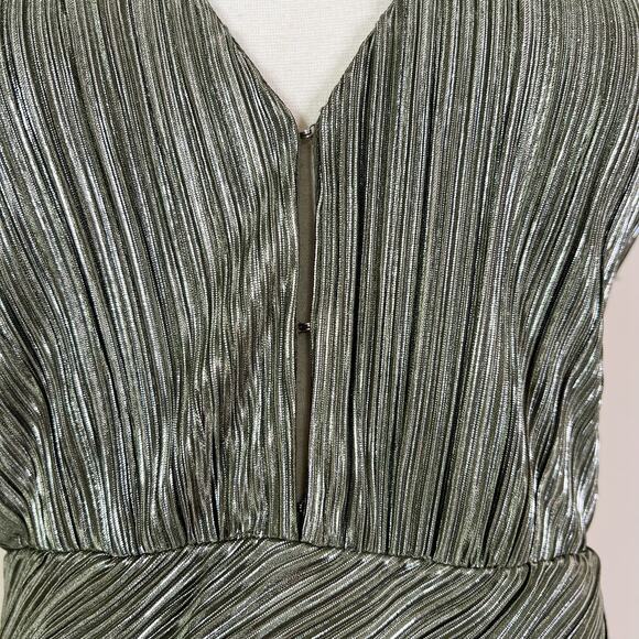 Maje | Romea Metallic Green Plisse Bandage V Neck Designer Mini Dress 38 Medium - Picture 4 of 12